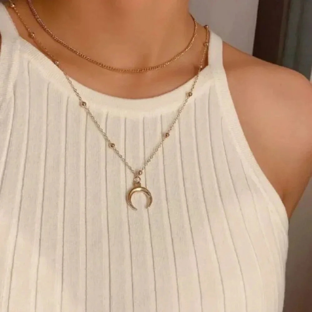 Dainty Gold Layered Crescent Moon Bead Necklace
